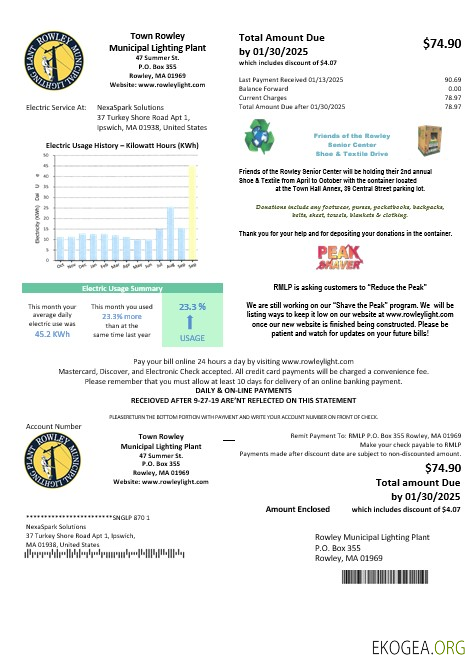 États Unis Massachusetts Ville de Rowley Municipal Lighting Plant modèle de facture de services publics d'électricité aux formats Word et PDF